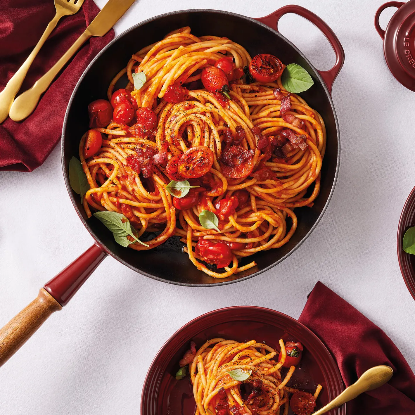 Discount Le Creuset Signature stegepande med træhåndtag Ø 28 cm, garnet